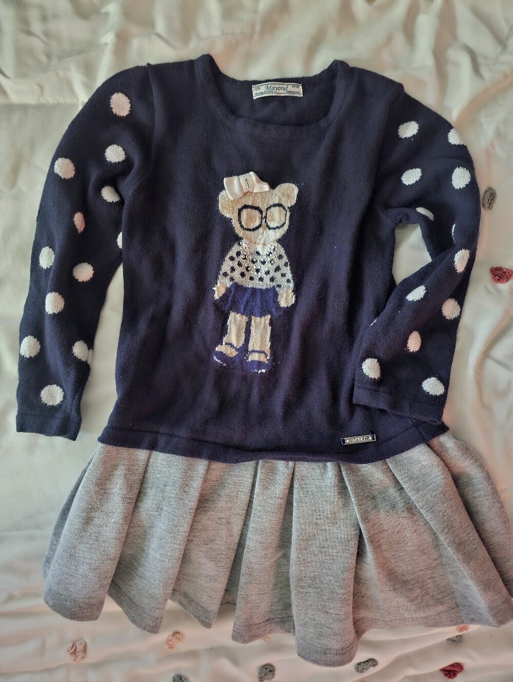 Mayoral Navy Knit Dress with Bear and Polka Dots